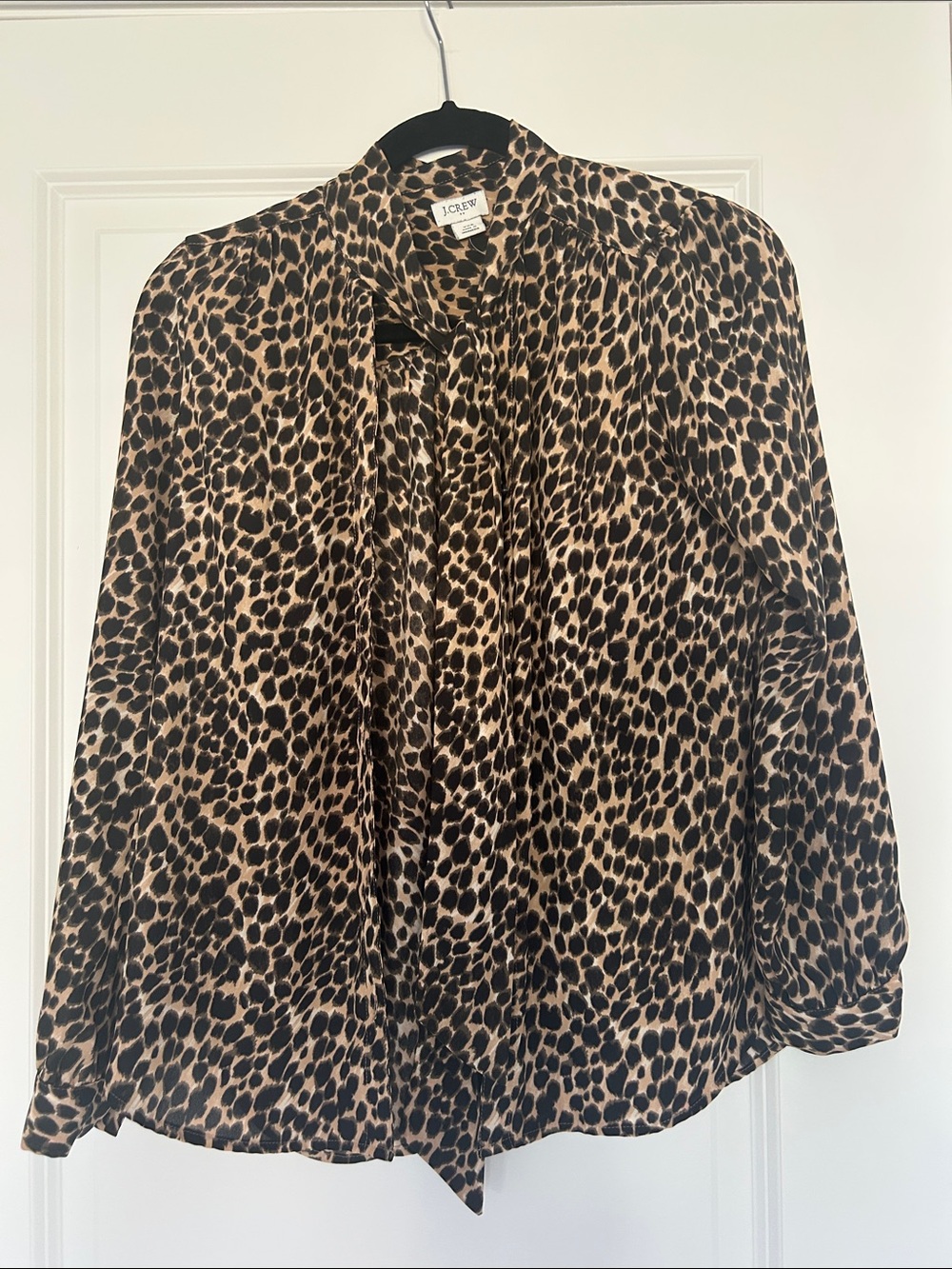 J. Crew Leopard-Print Tie-Neck Blouse in Tan and Black